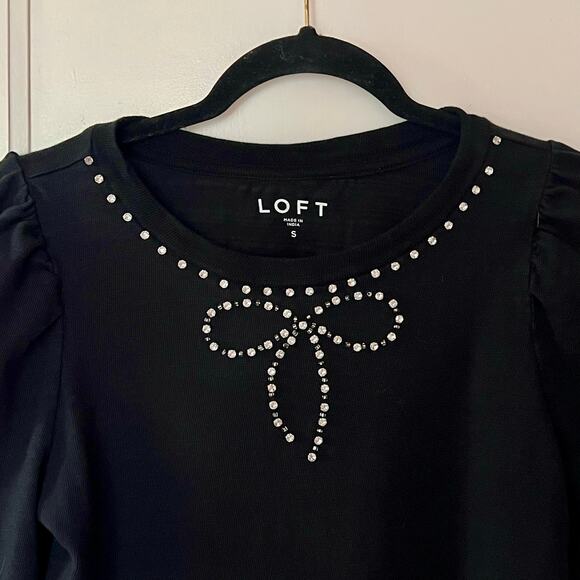 Loft Rhinestone Bow Puff Sleeve Black Sweater SZ S - Picture 4 of 6